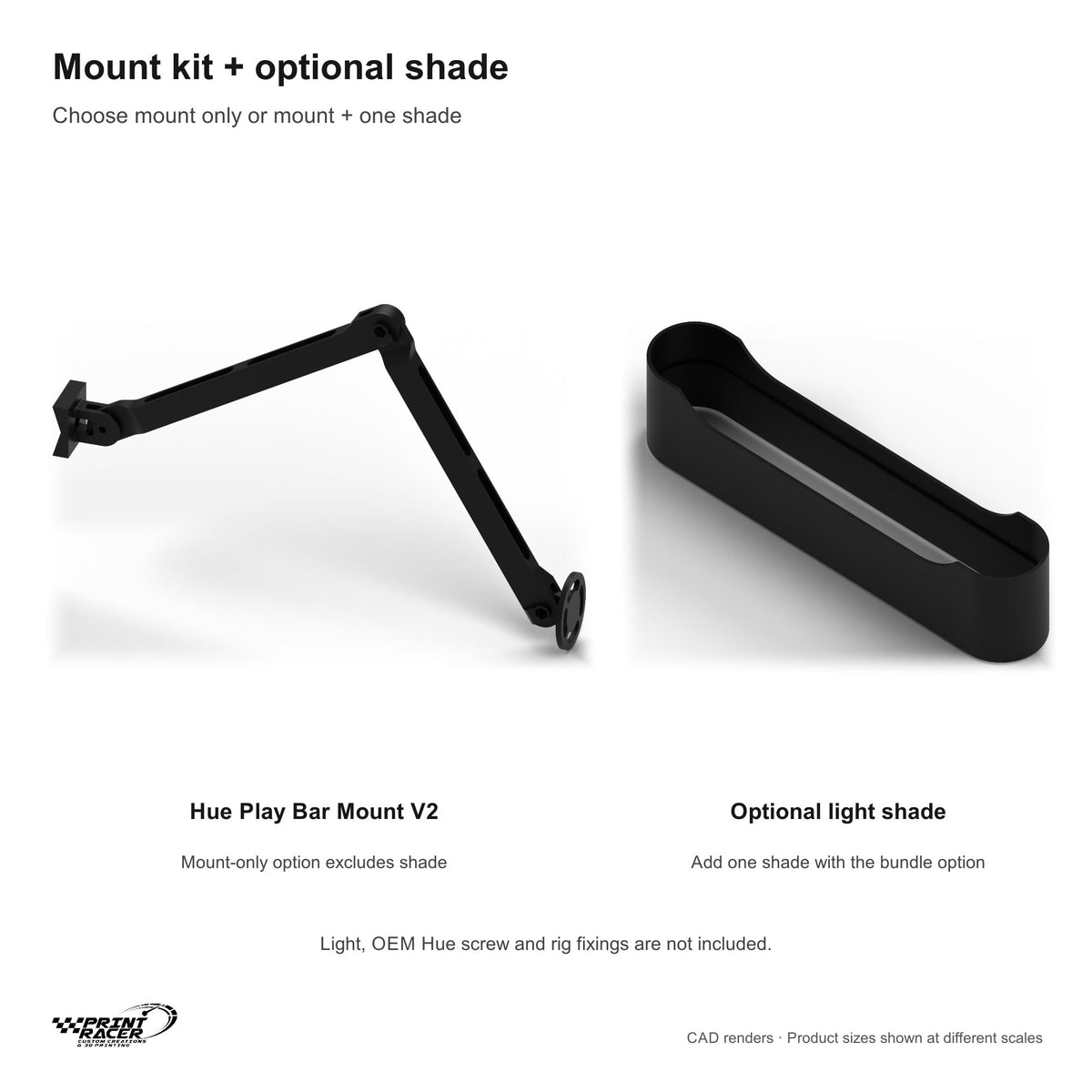CAD render comparing mount-only kit with the optional shade. No Hue light is included.