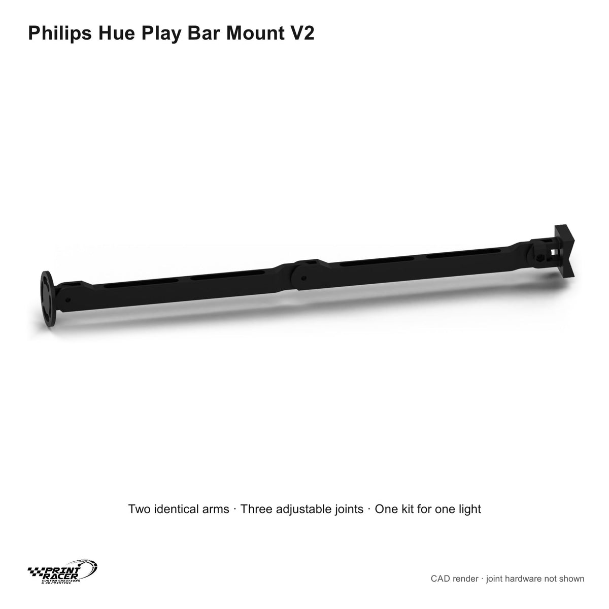 Assembled PrintRacer Hue V2 mount kit CAD render, one kit for one Philips Hue Play light.